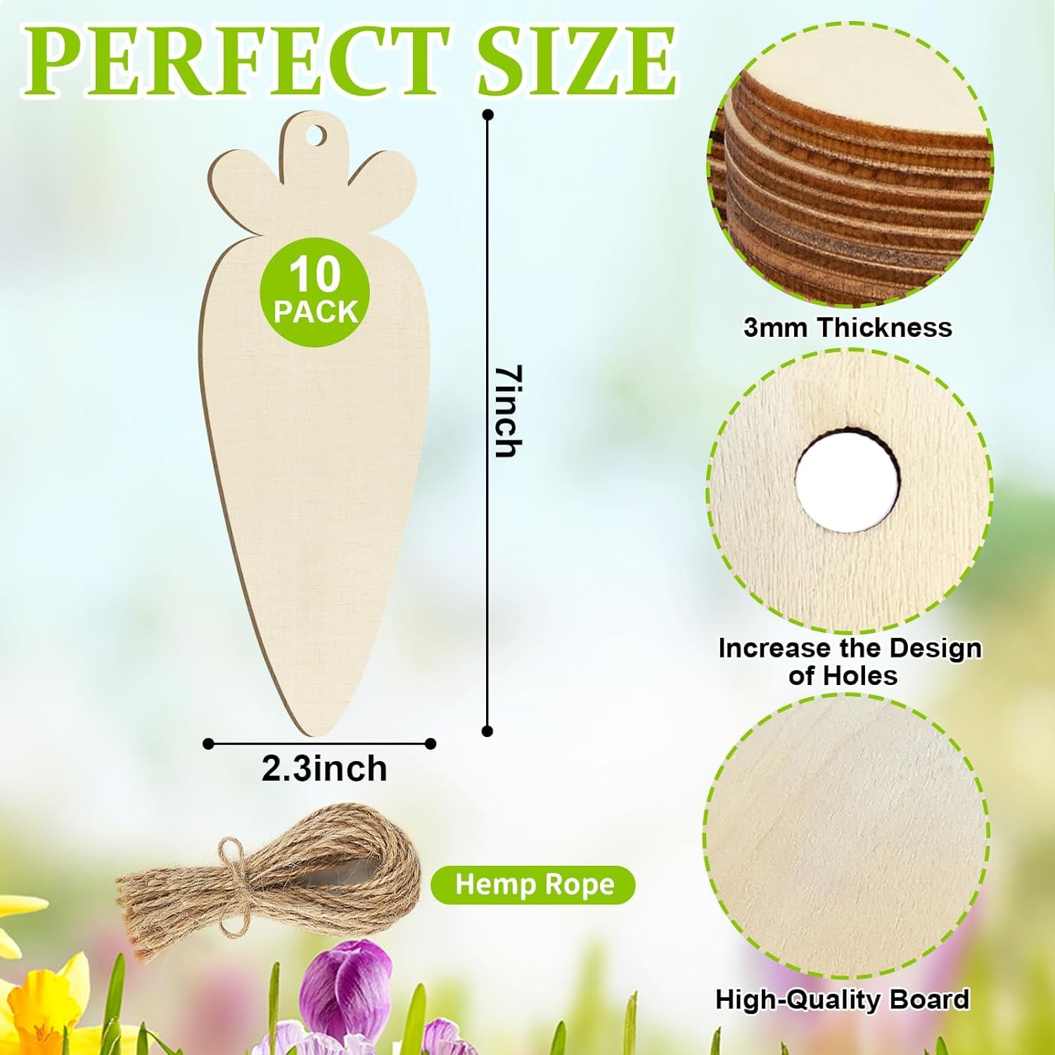 Wooden carrot-shaped tags with measurements and details on a nature-themed background