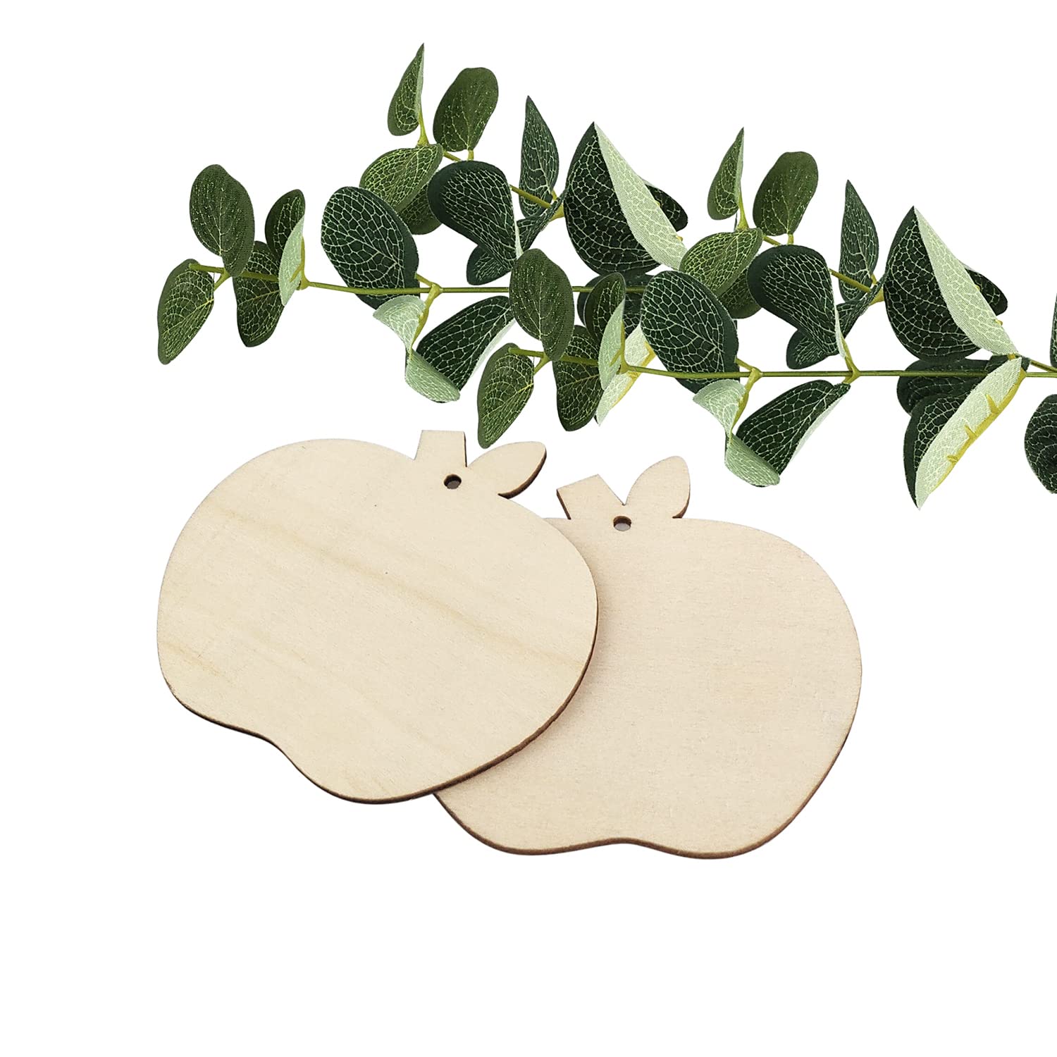 Two wooden apple-shaped cutouts with a green leaf branch on a white background
