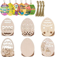 Set of wooden Easter egg-shaped decorations with various designs and 'Happy Easter' text.