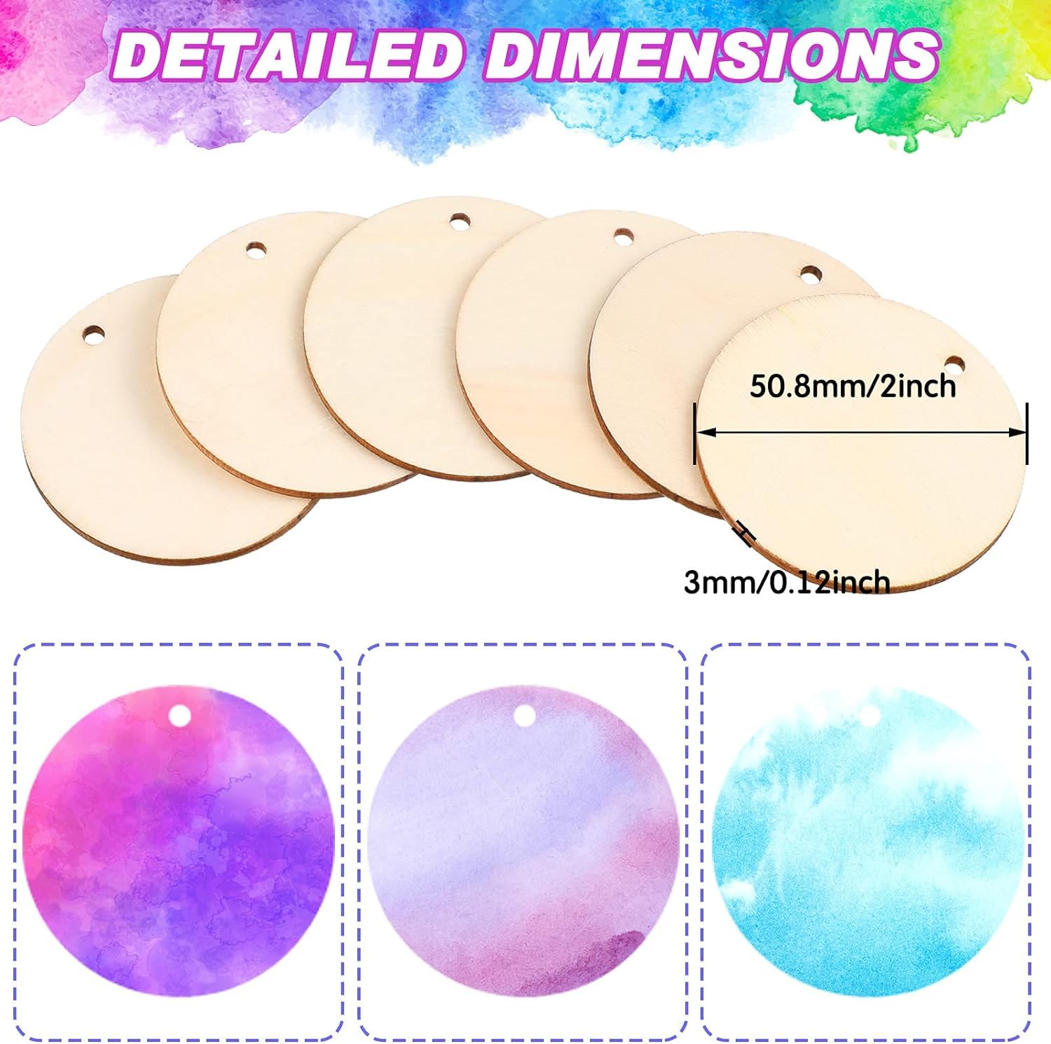 Set of wooden round tags with measurements and watercolor designs.