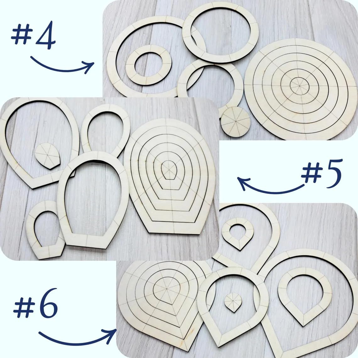 Wooden cutouts of various shapes on a light wooden surface