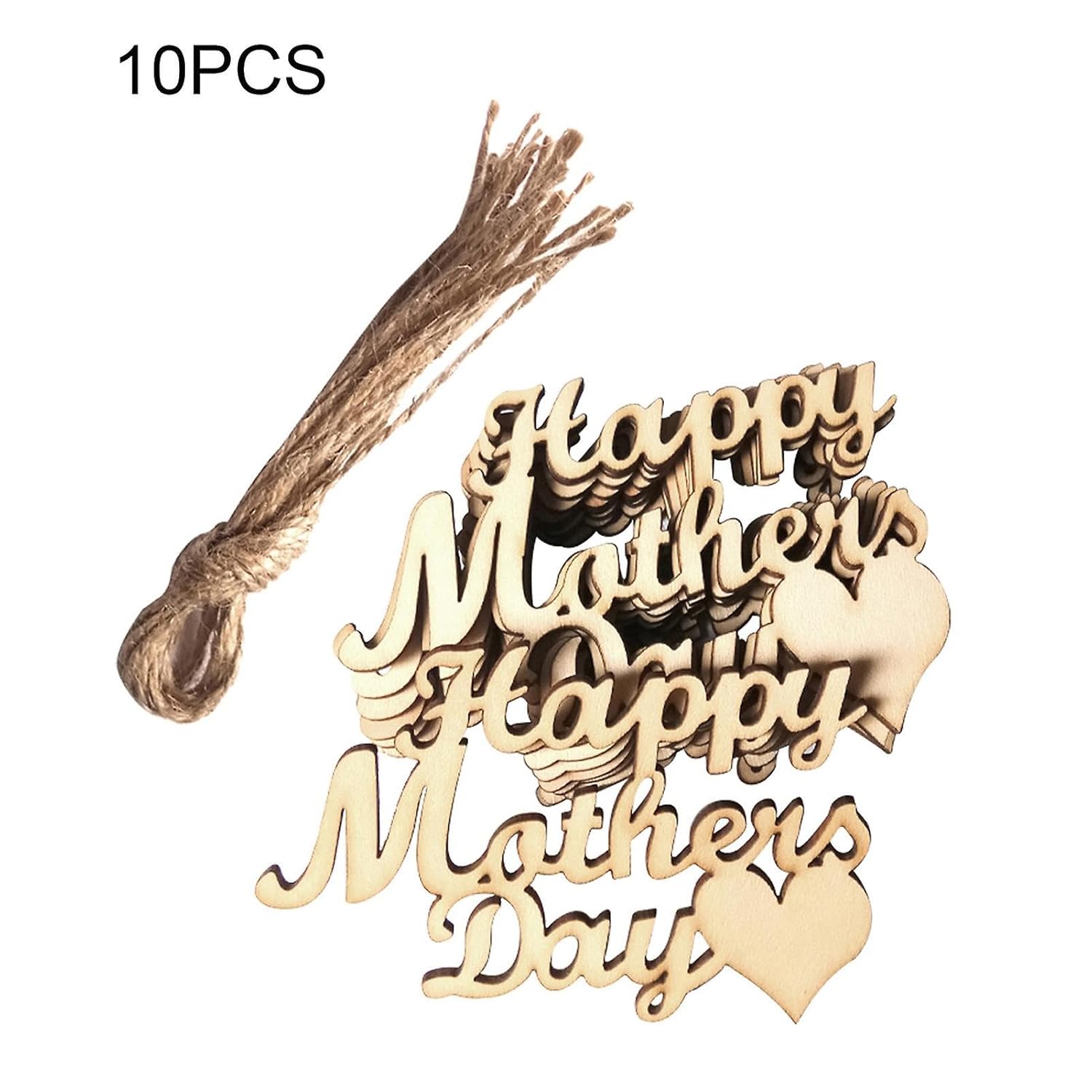 Wooden 'Happy Mother's Day' decorations with tassels on a white background