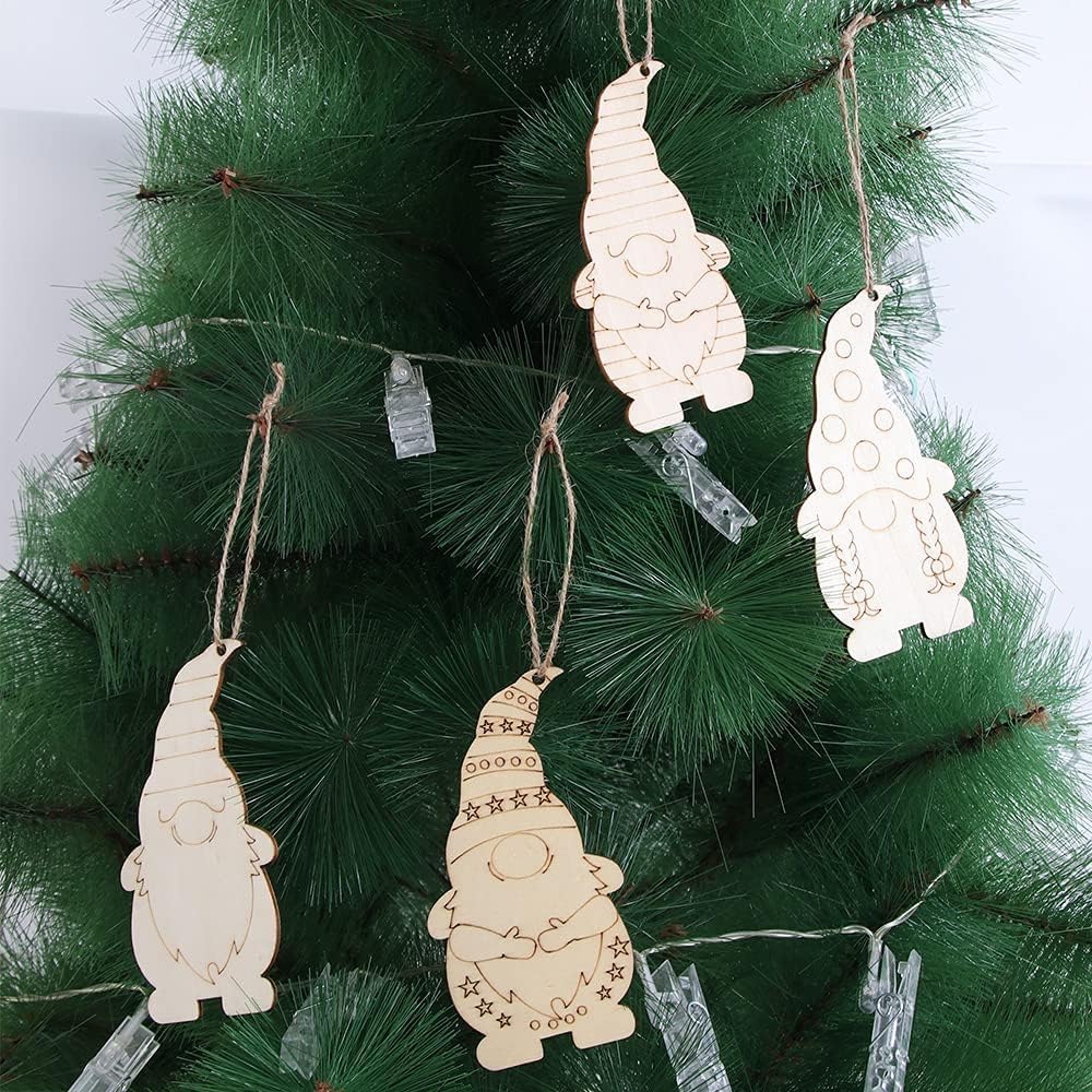 Wooden gnome ornaments hanging on a Christmas tree