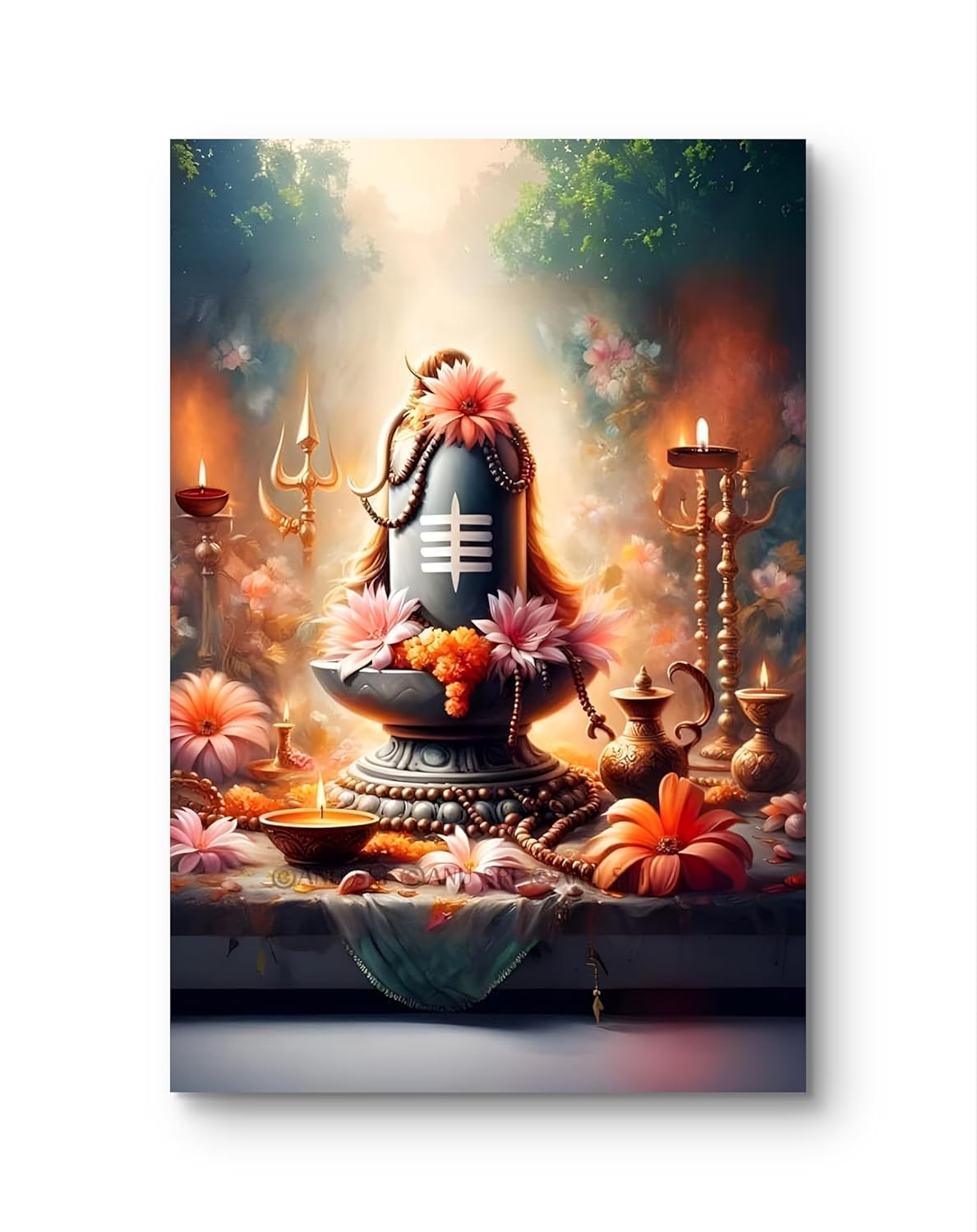 Decorative panel with a Shiva Lingam symbol, flowers, and candles on a mystical background