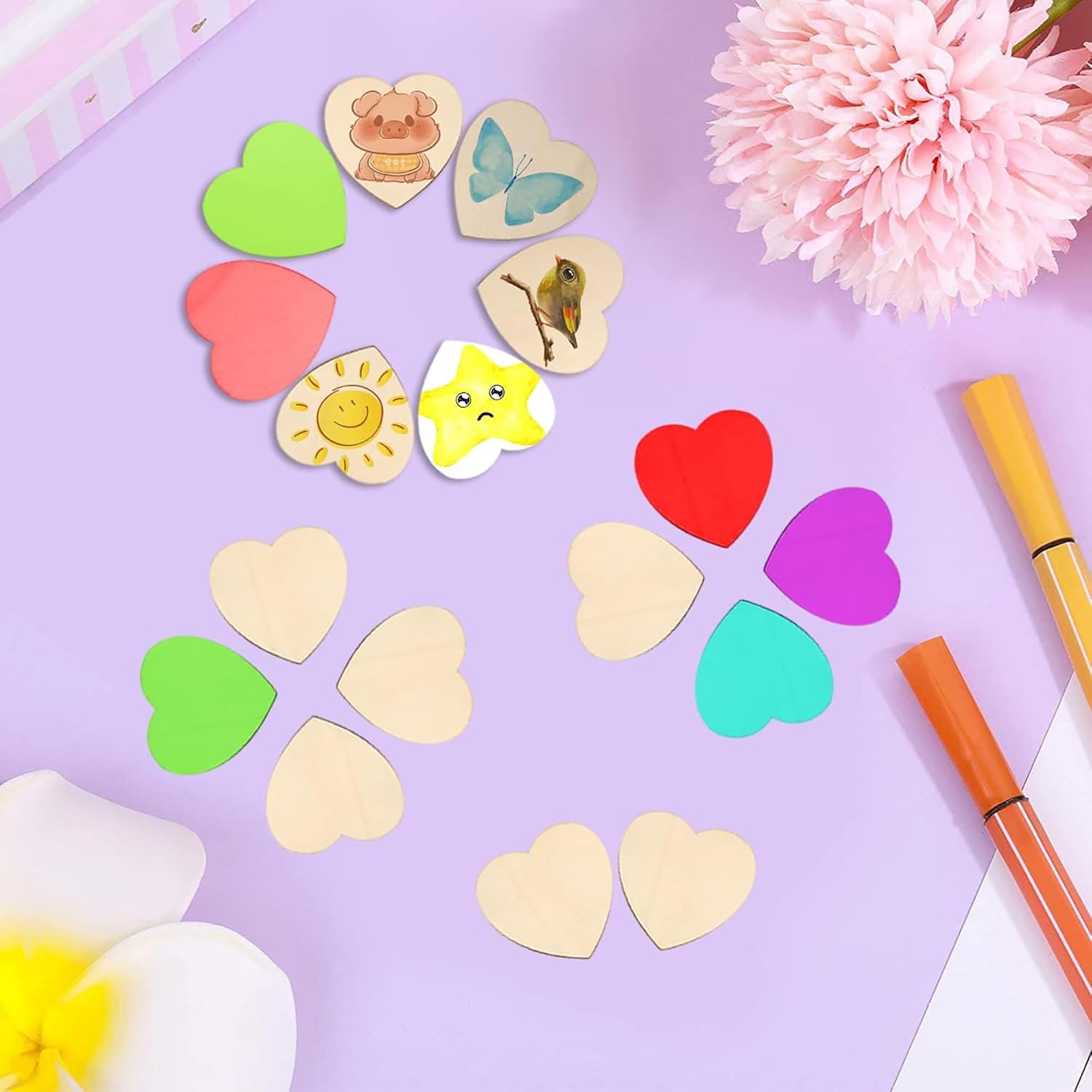 Colorful heart-shaped stickers on a purple background with flowers and pens.