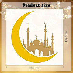 Decorative design with a mosque silhouette on a crescent moon, featuring product size measurement.