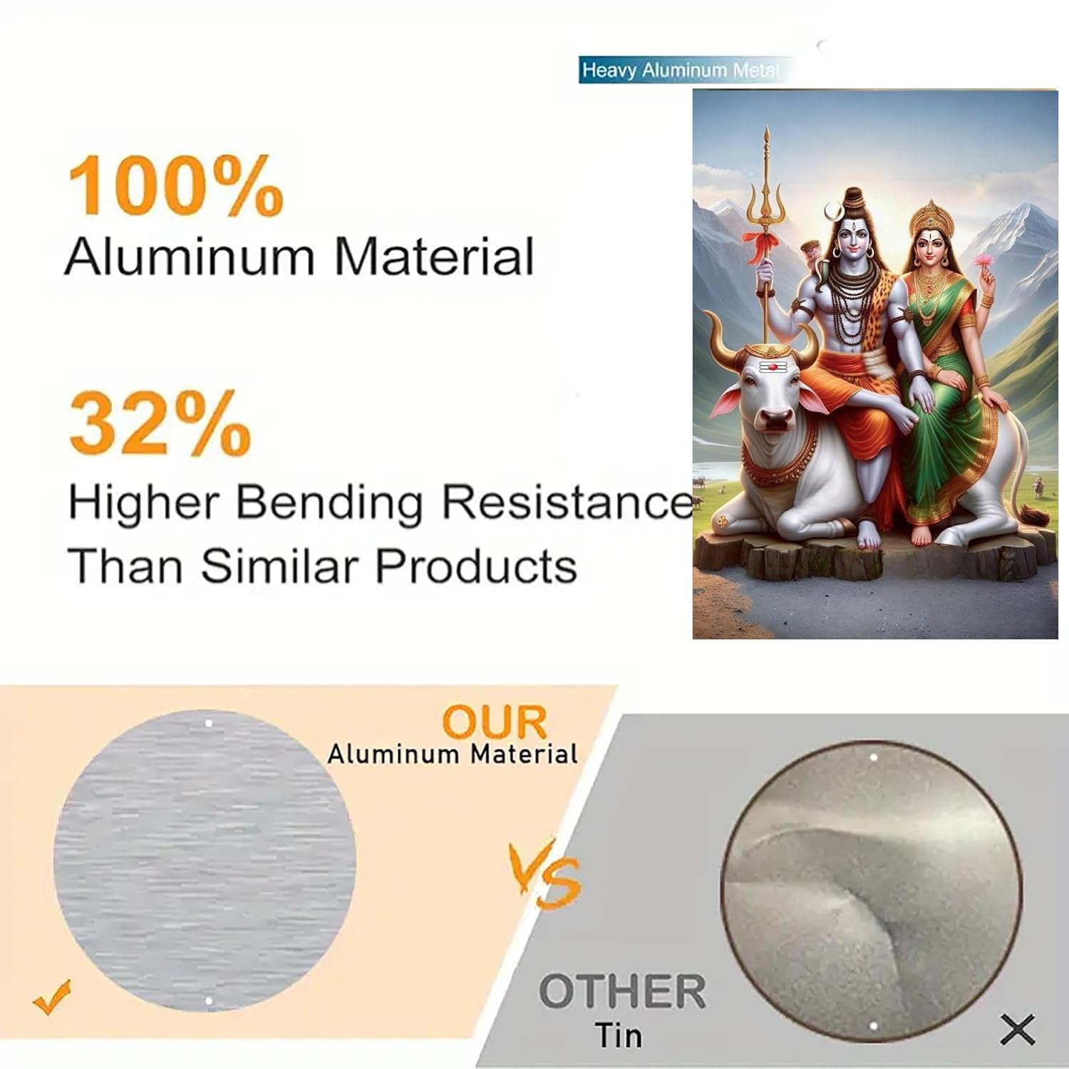 Comparison of aluminum material with other tin, featuring a religious statue and text about material properties.
