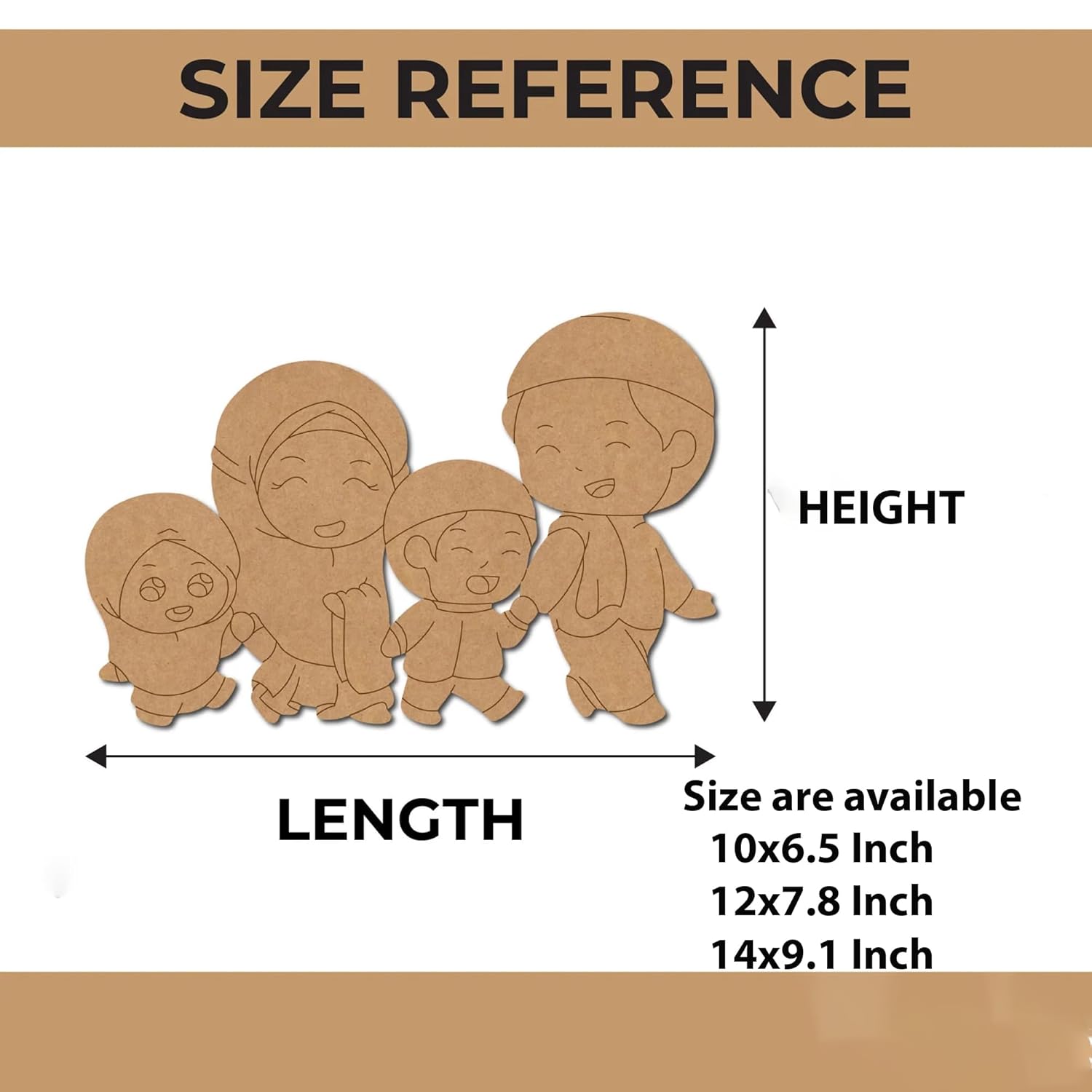 Size reference chart for cardboard cutouts of four children with dimensions and size options.