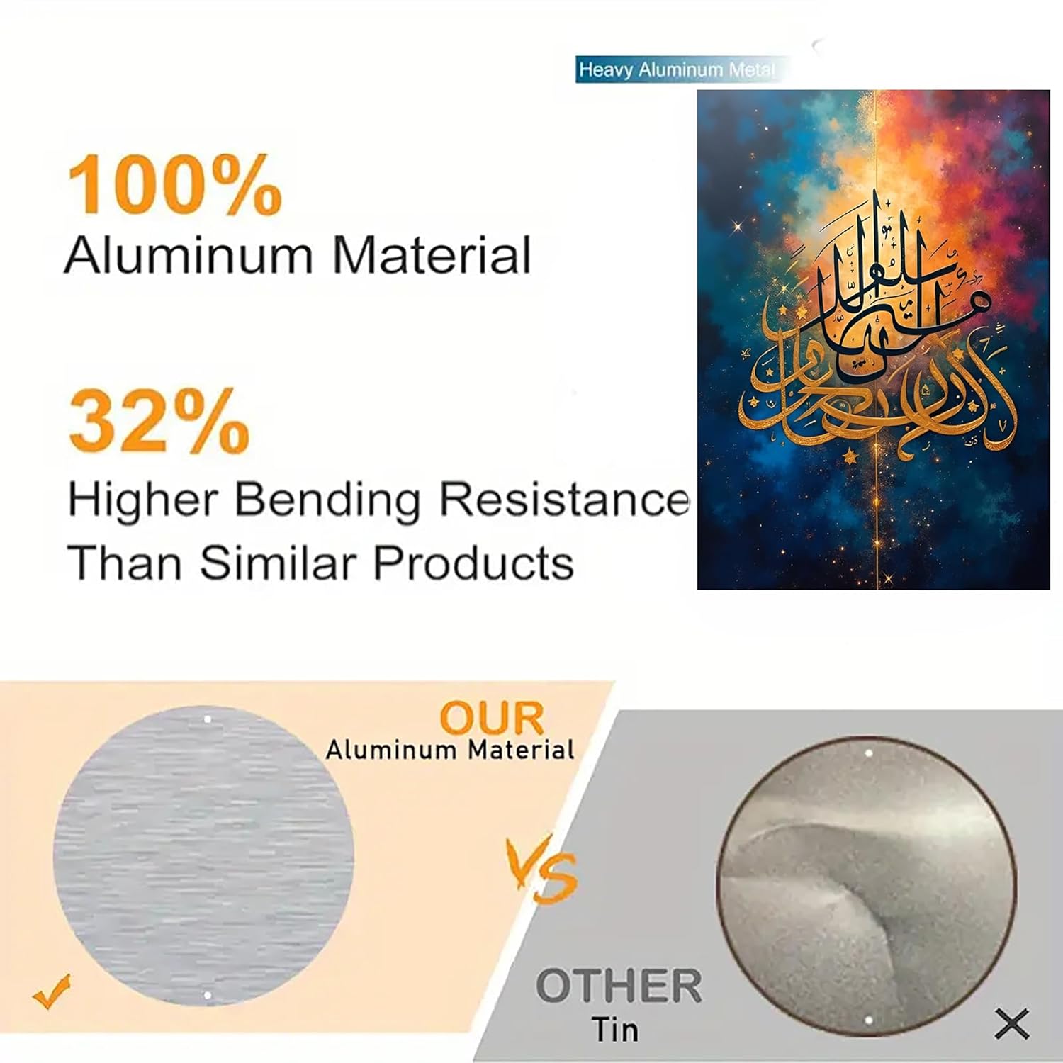 Product comparison of aluminum material with text highlighting features on a white background.
