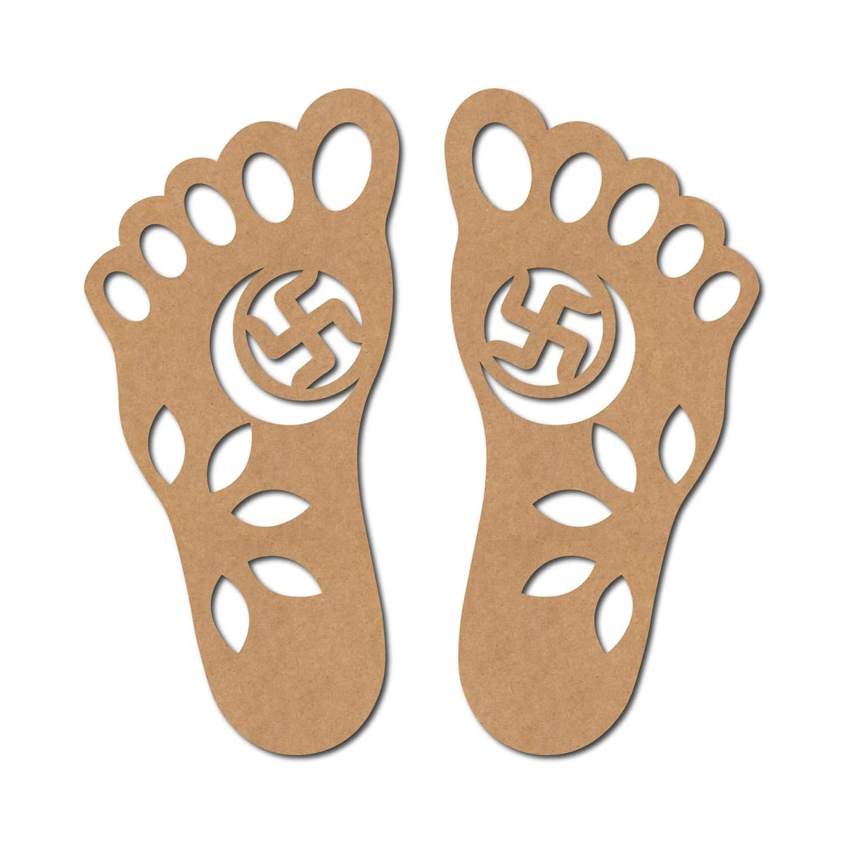 Two cardboard foot-shaped templates with a central swastika symbol on a white background.