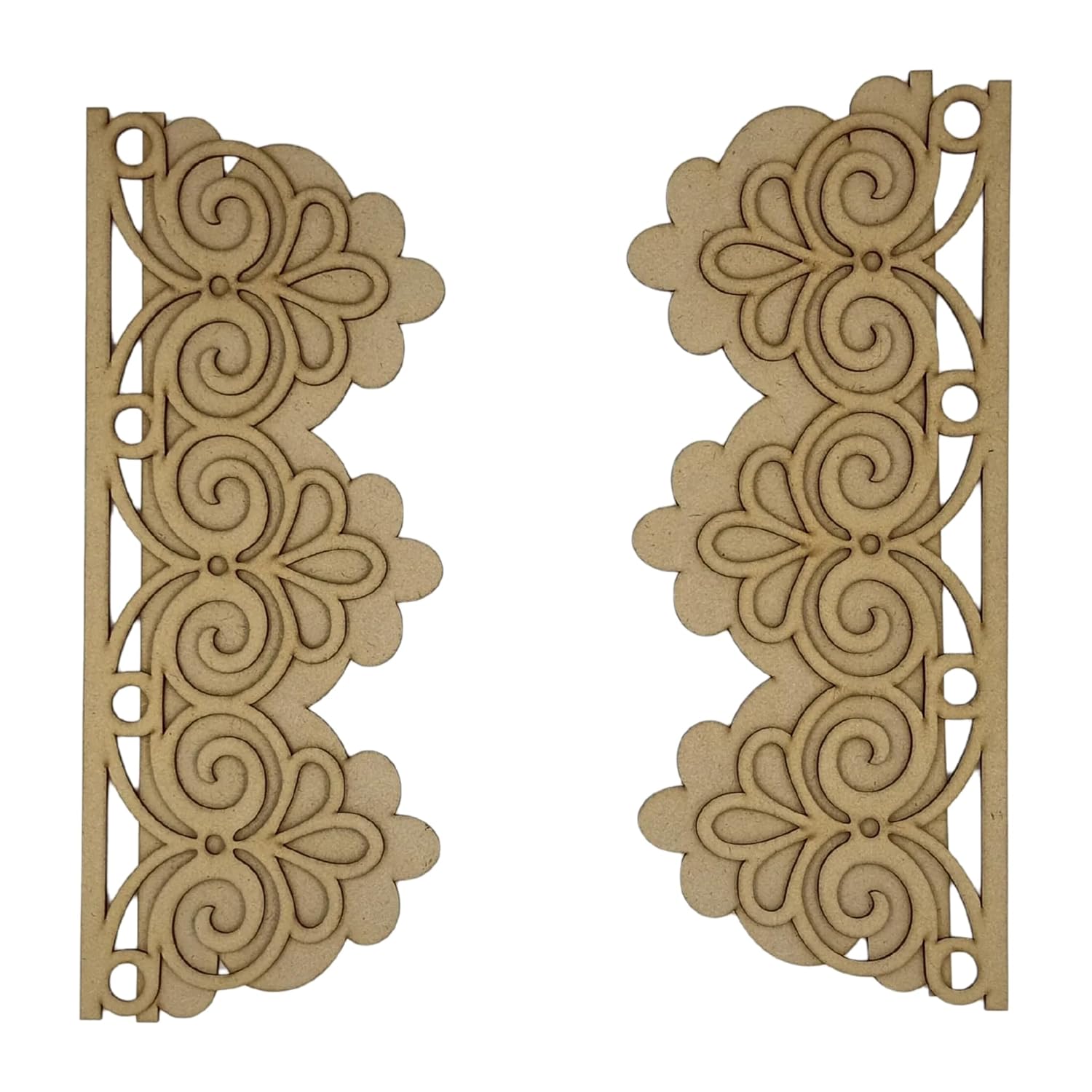 Two decorative wooden panels with intricate floral patterns on a white background