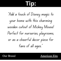 Text tip about adding Disney magic with a wooden cutout of Mickey Mouse, featuring American Elm branding.