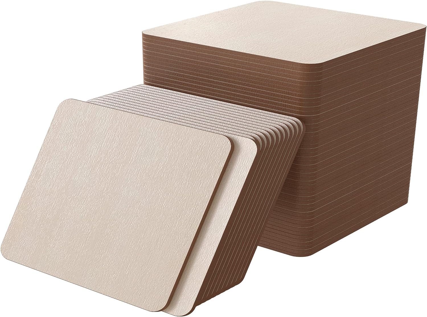 Stack of beige and brown square coasters on a white background