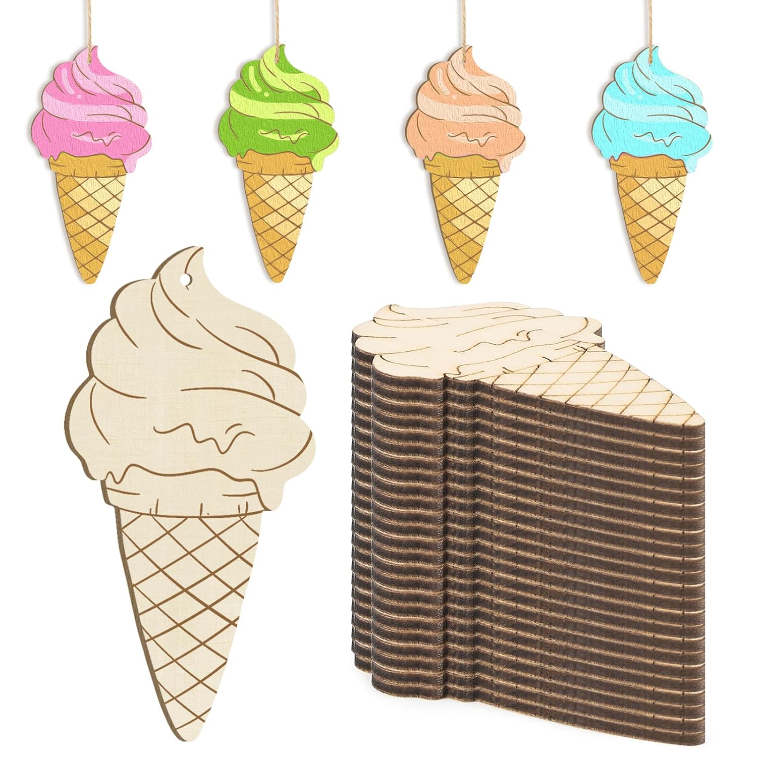 Wooden ice cream cone decorations with colorful tops and a stack of plain brown cones.