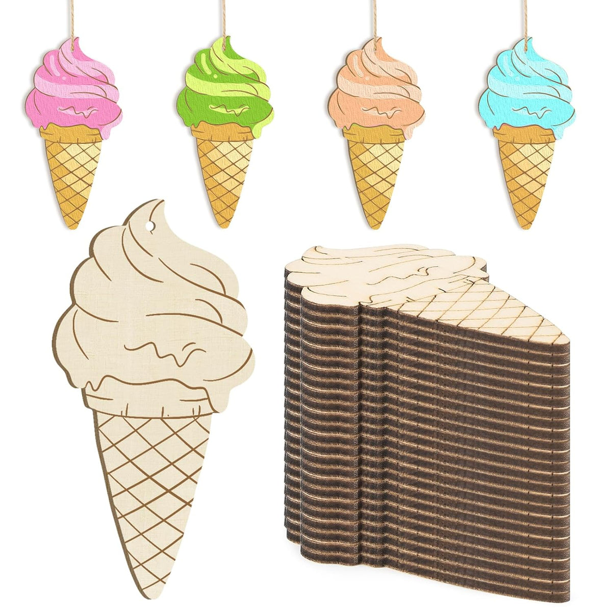 Wooden ice cream cone decorations with colorful tops and a stack of plain brown cones.