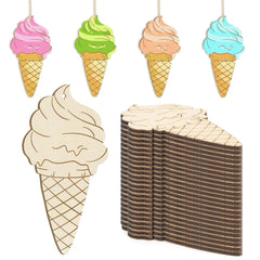 Wooden ice cream cone decorations with colorful tops and a stack of plain brown cones.