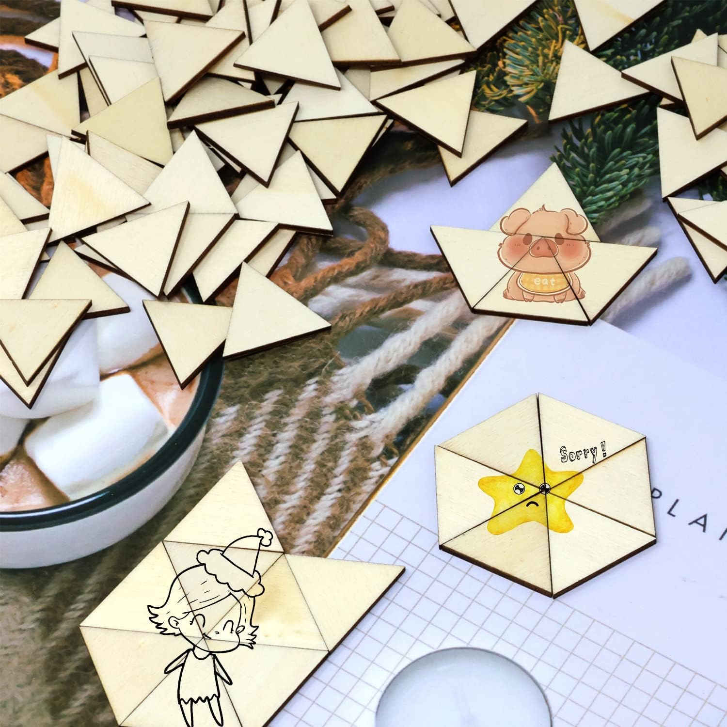 Wooden geometric shapes with various designs on a surface with a bowl of marshmallows.