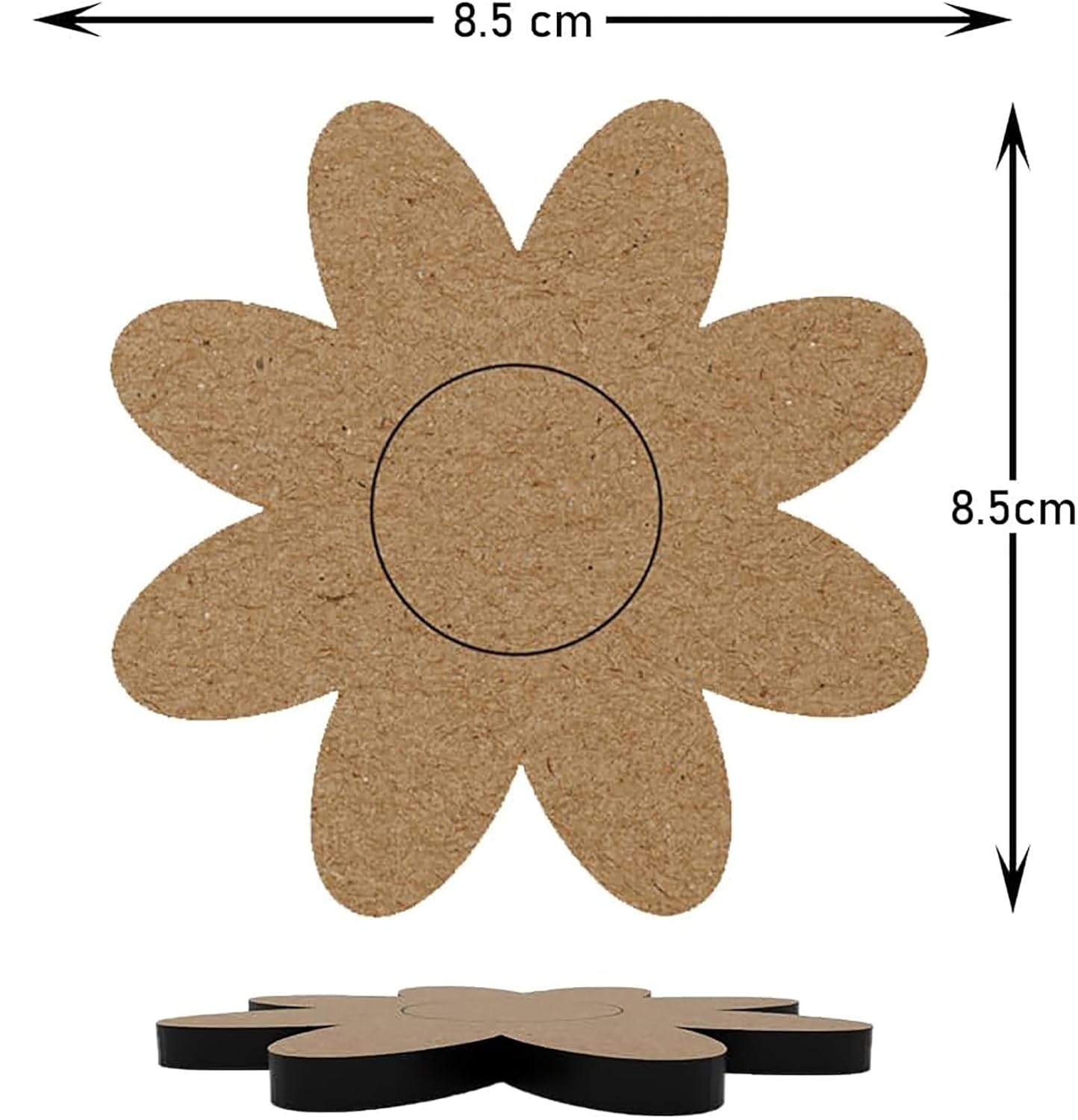 Flower-shaped cardboard cutout with dimensions labeled on a white background