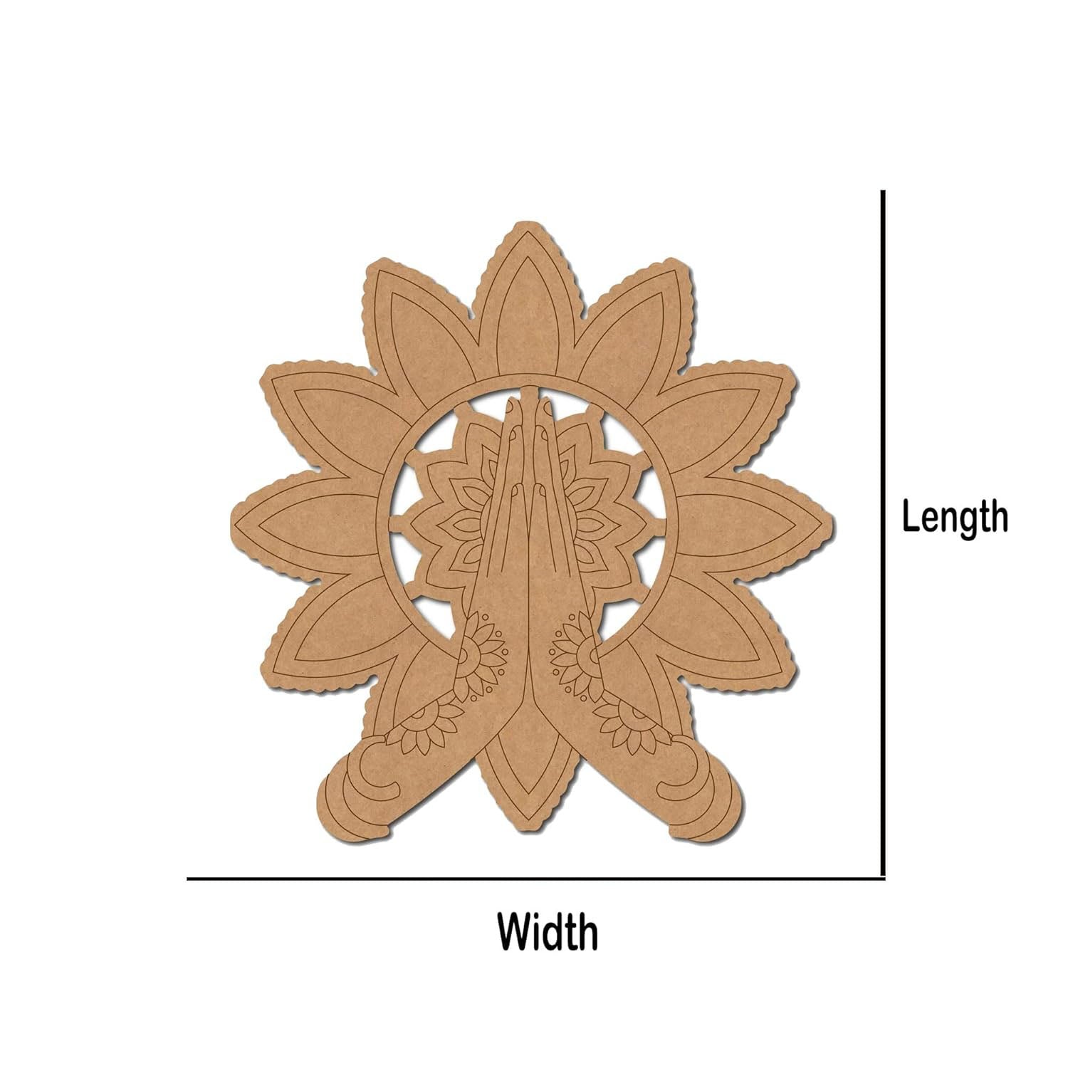 Decorative wooden cutout with floral design and praying hands on a white background