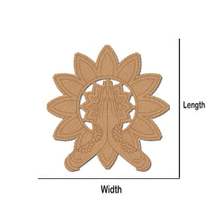 Decorative wooden cutout with floral design and praying hands on a white background