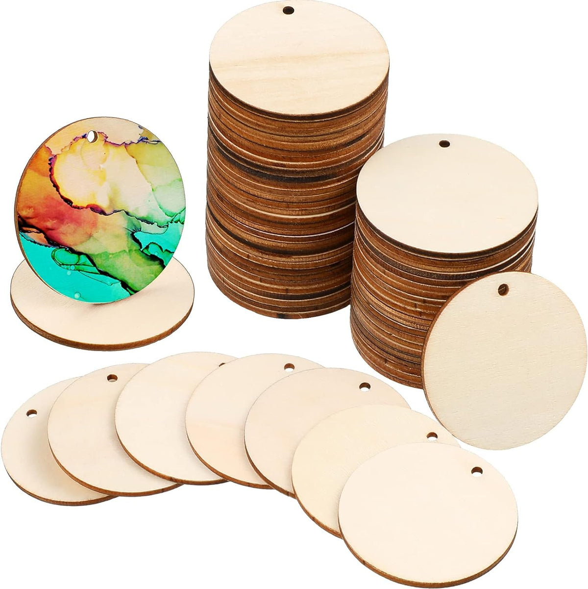 Stacks of round wooden tags with a colorful tag on a white background