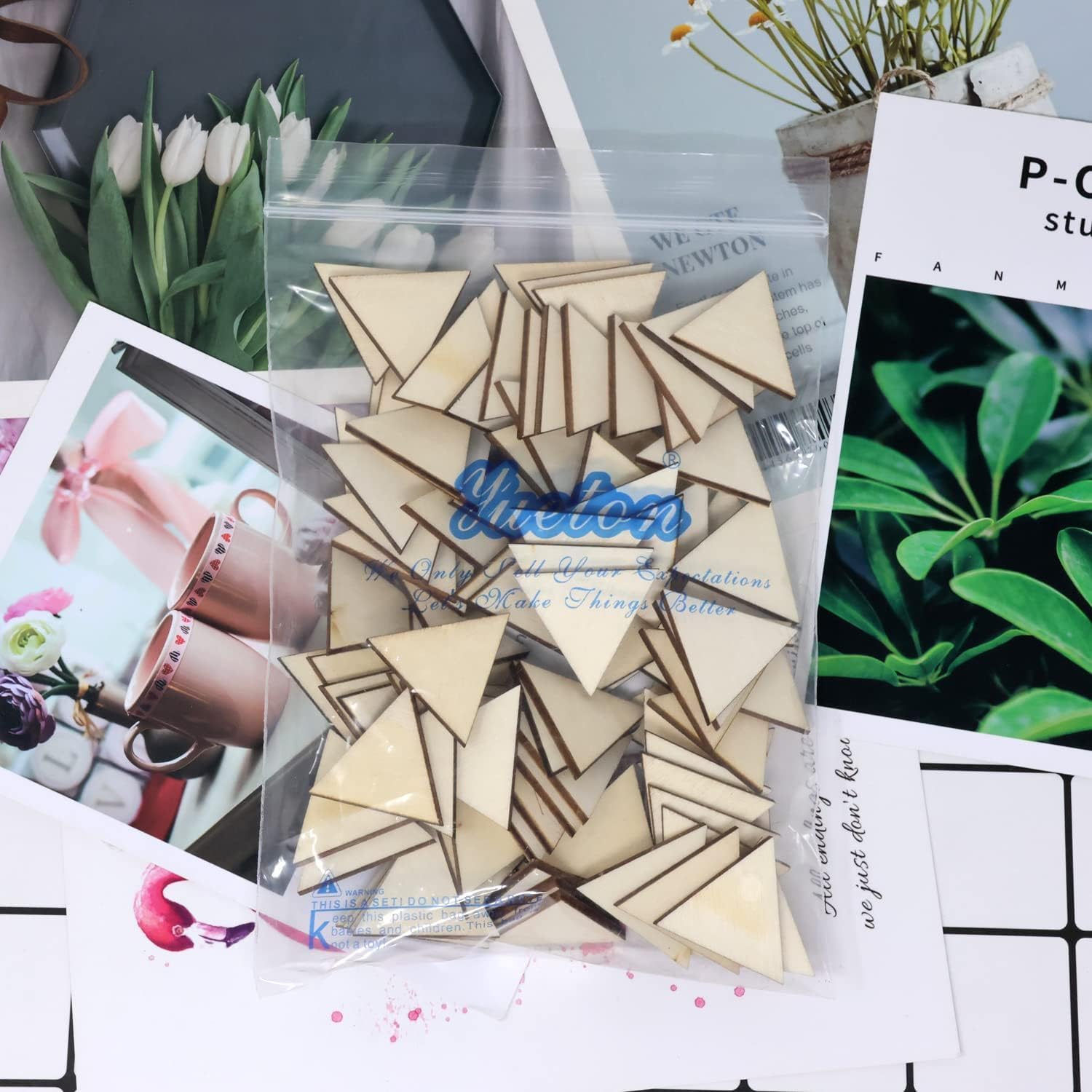 Packaged wooden shapes with 'Blue Lake' branding on a surface with photos and plants.
