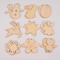 Set of wooden Christmas ornaments including snowflakes, stars, and animals on a light gray background.