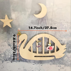 Wooden swan decoration with measurements on a textured background