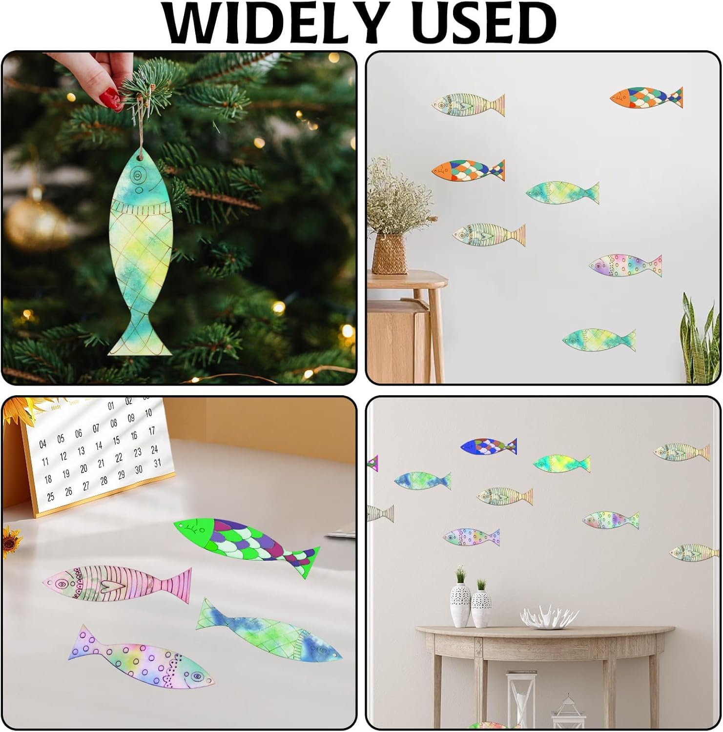 Colorful fish-shaped decorations used as Christmas tree ornaments and wall stickers.