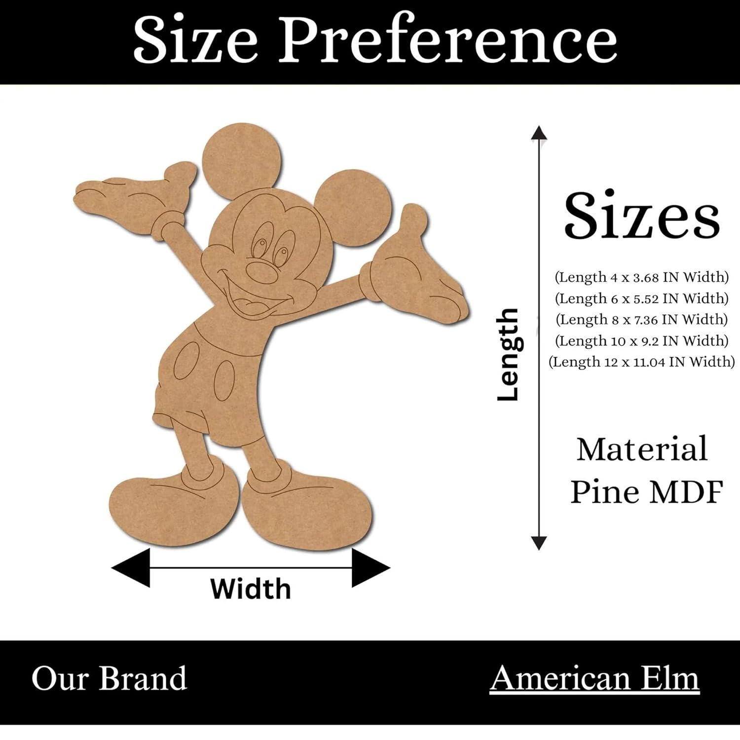 Wooden cutout of a character with size preferences and material details on a white background.