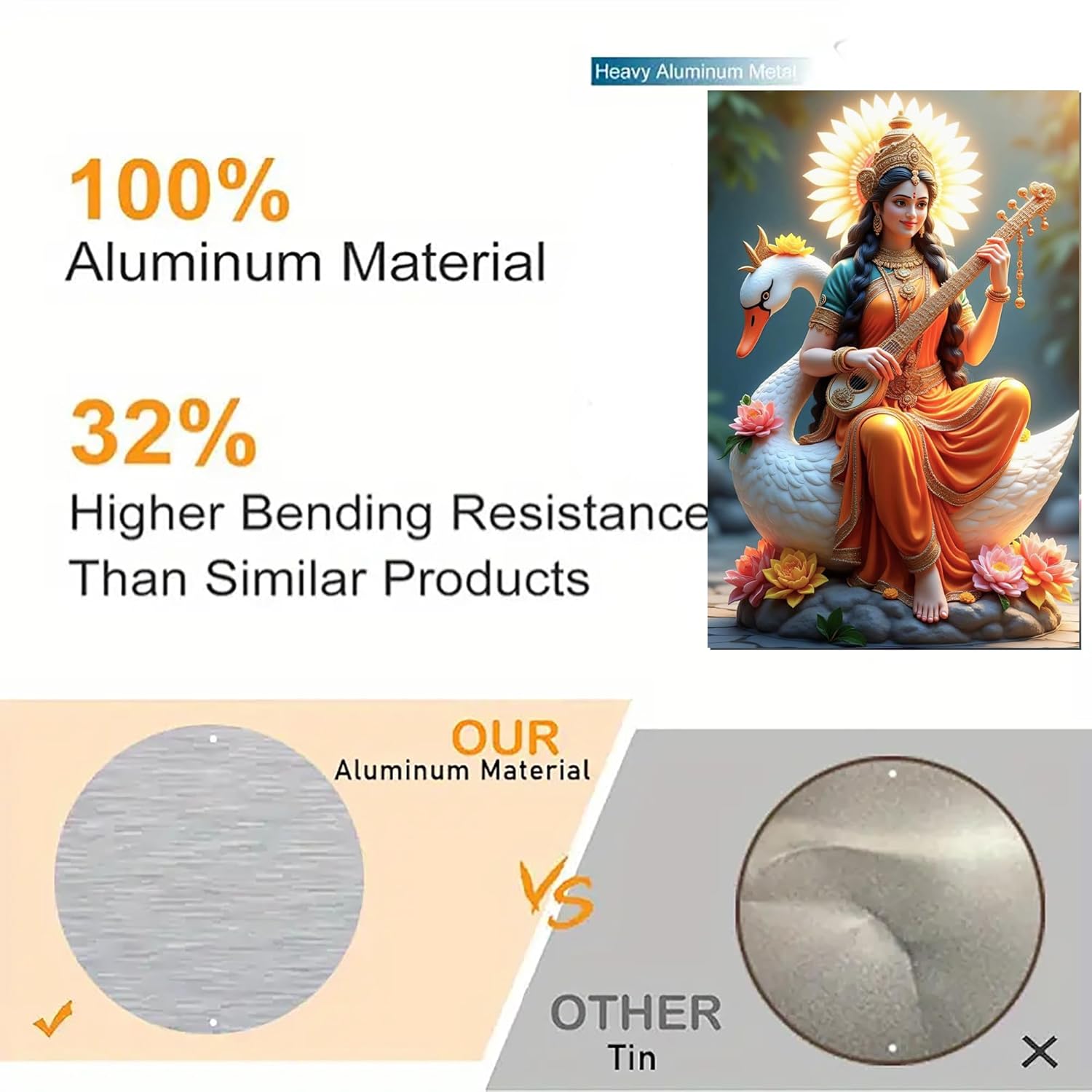 Statue of a deity on a swan with material comparison text and images.