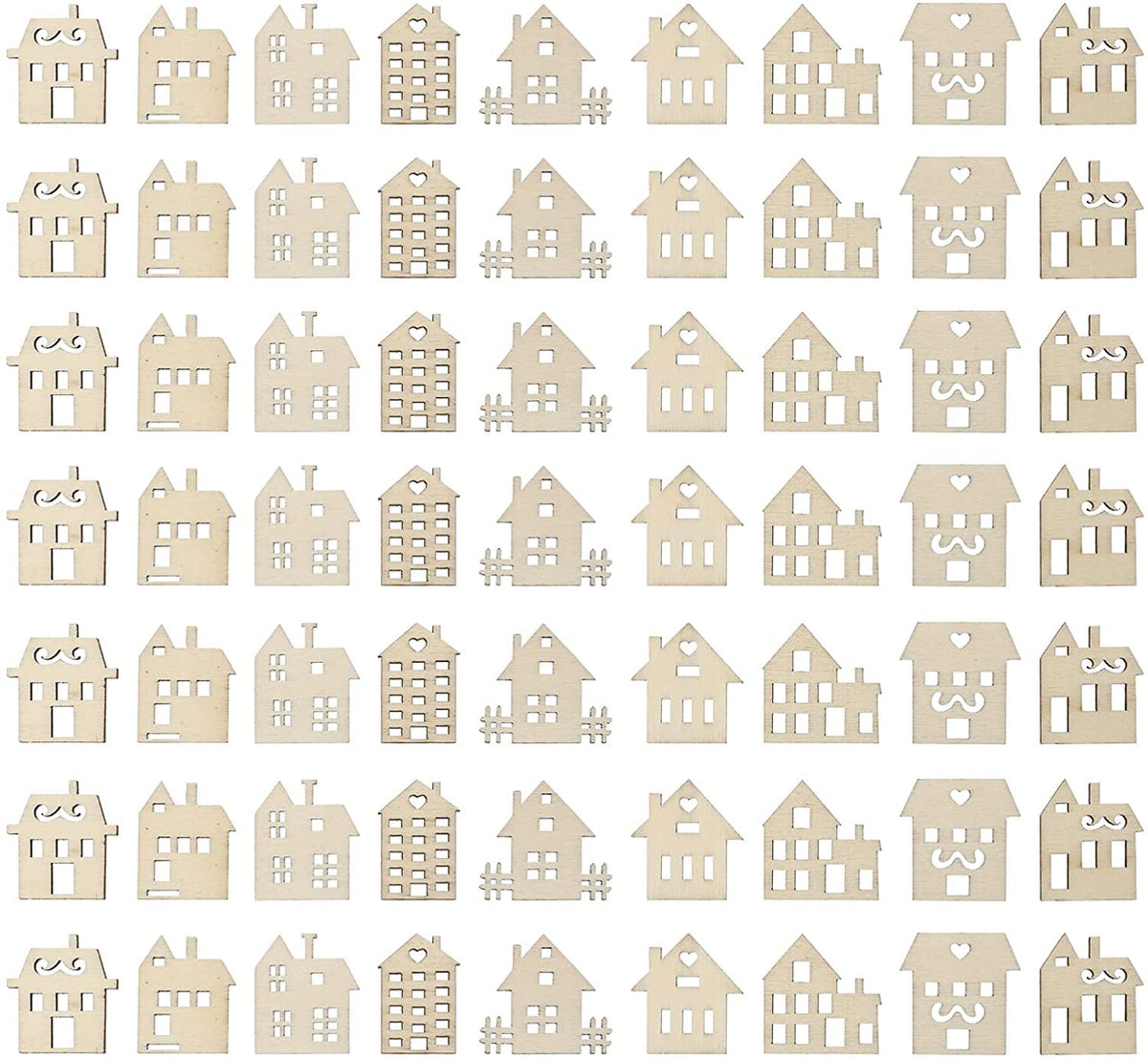 Pattern of small house shapes arranged in a grid on a white background