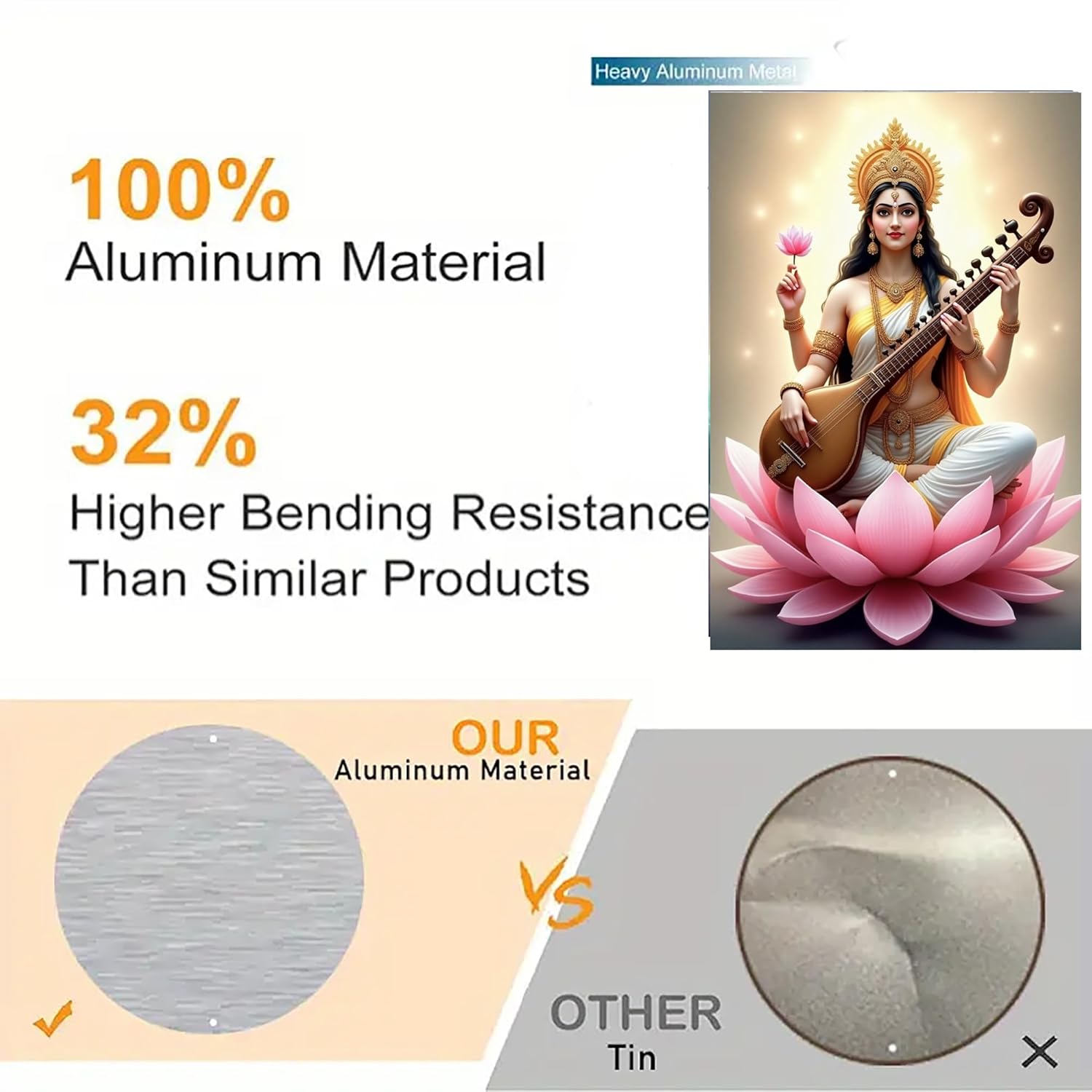 Product comparison with aluminum material and bending resistance, featuring a figure on a lotus.