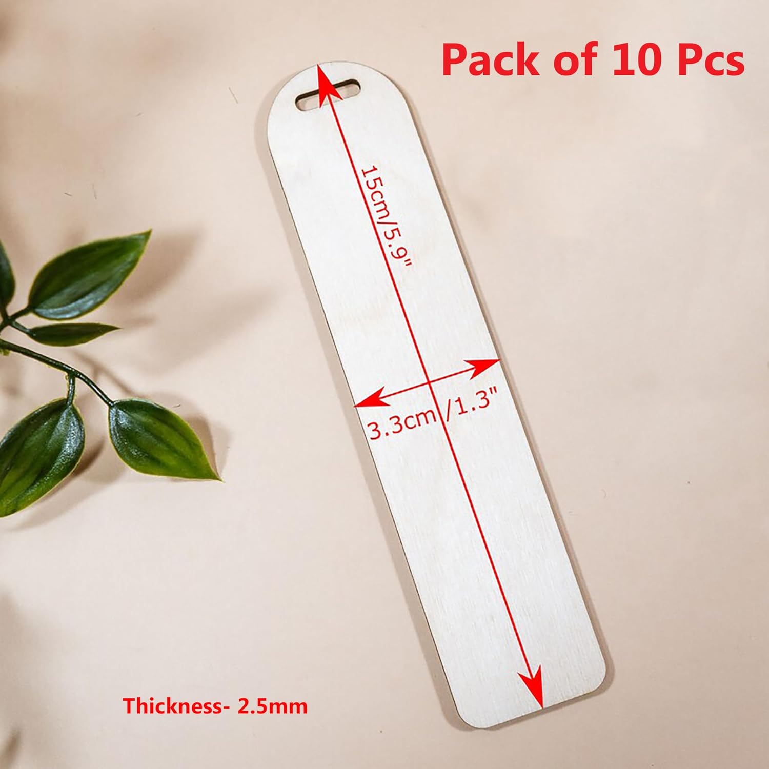 Measurement chart for bookmarks with dimensions and a pack of 10 pcs label on a beige background.