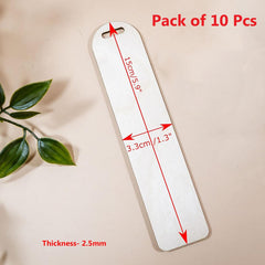 Measurement chart for bookmarks with dimensions and a pack of 10 pcs label on a beige background.
