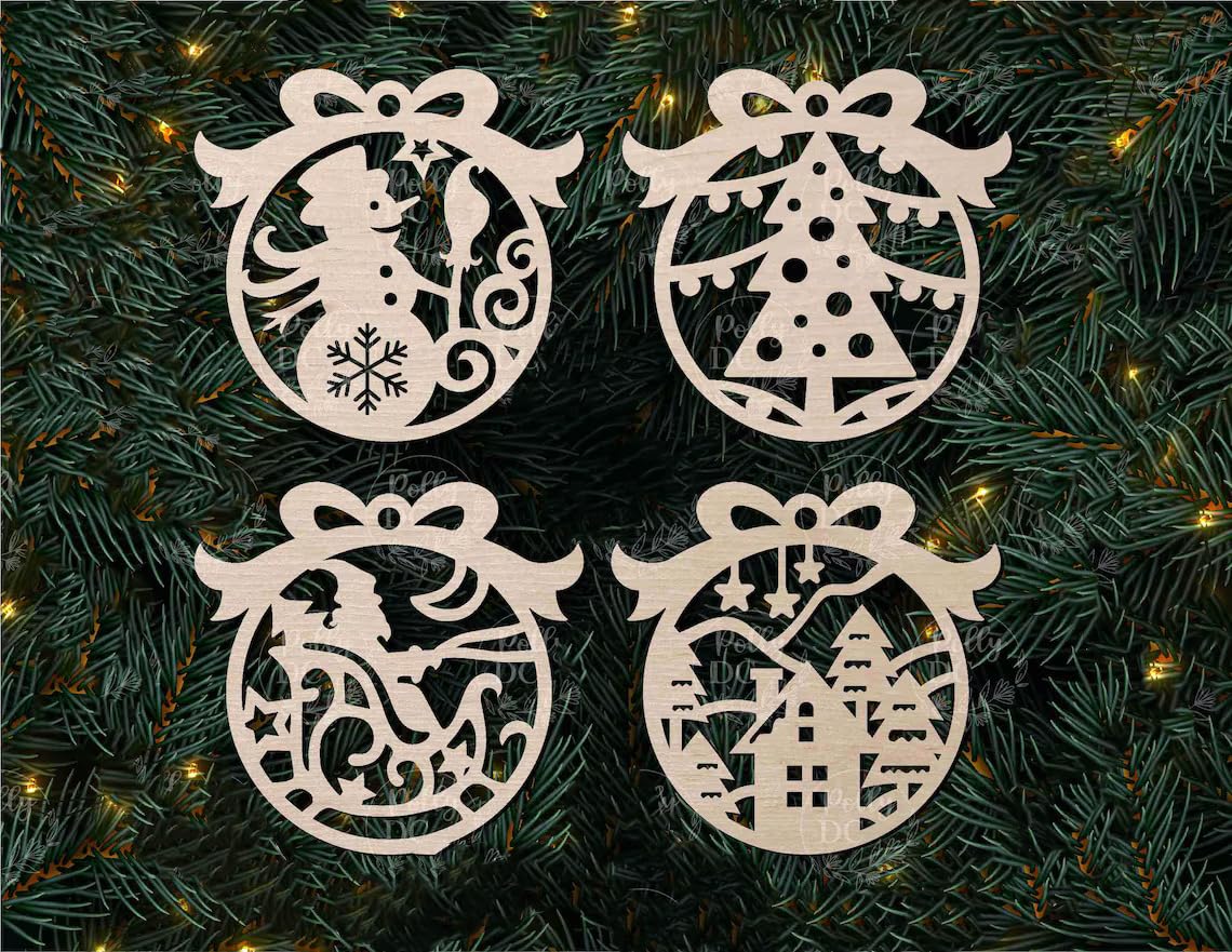 Four decorative Christmas ornaments on a green pine branch background