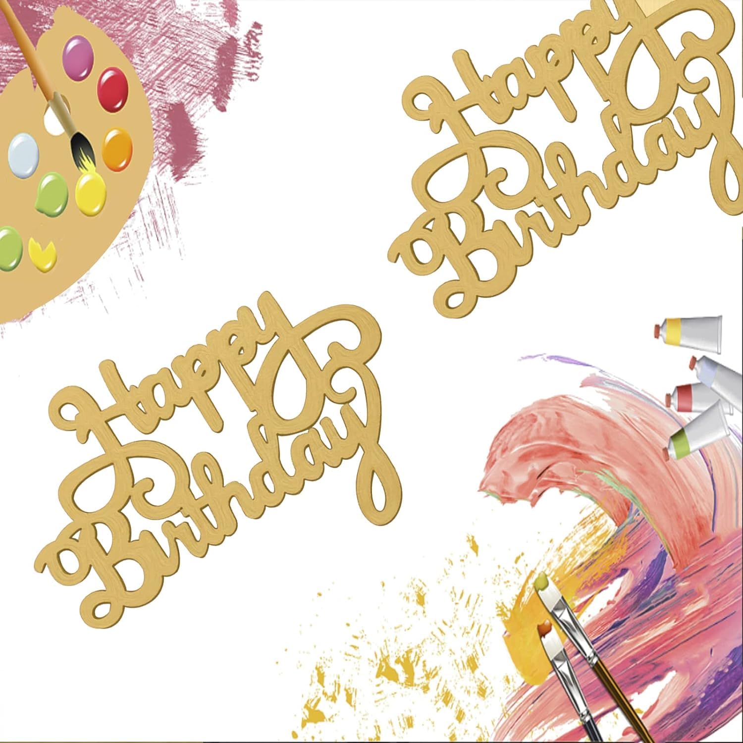 Decorative 'Happy Birthday' cutout with paint palette and brushes on a colorful background