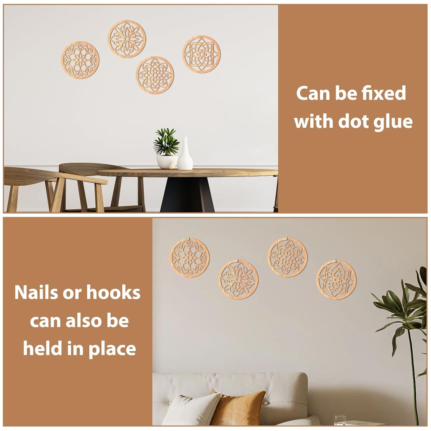 Decorative wall stickers on a wall with furniture and text indicating mounting options.