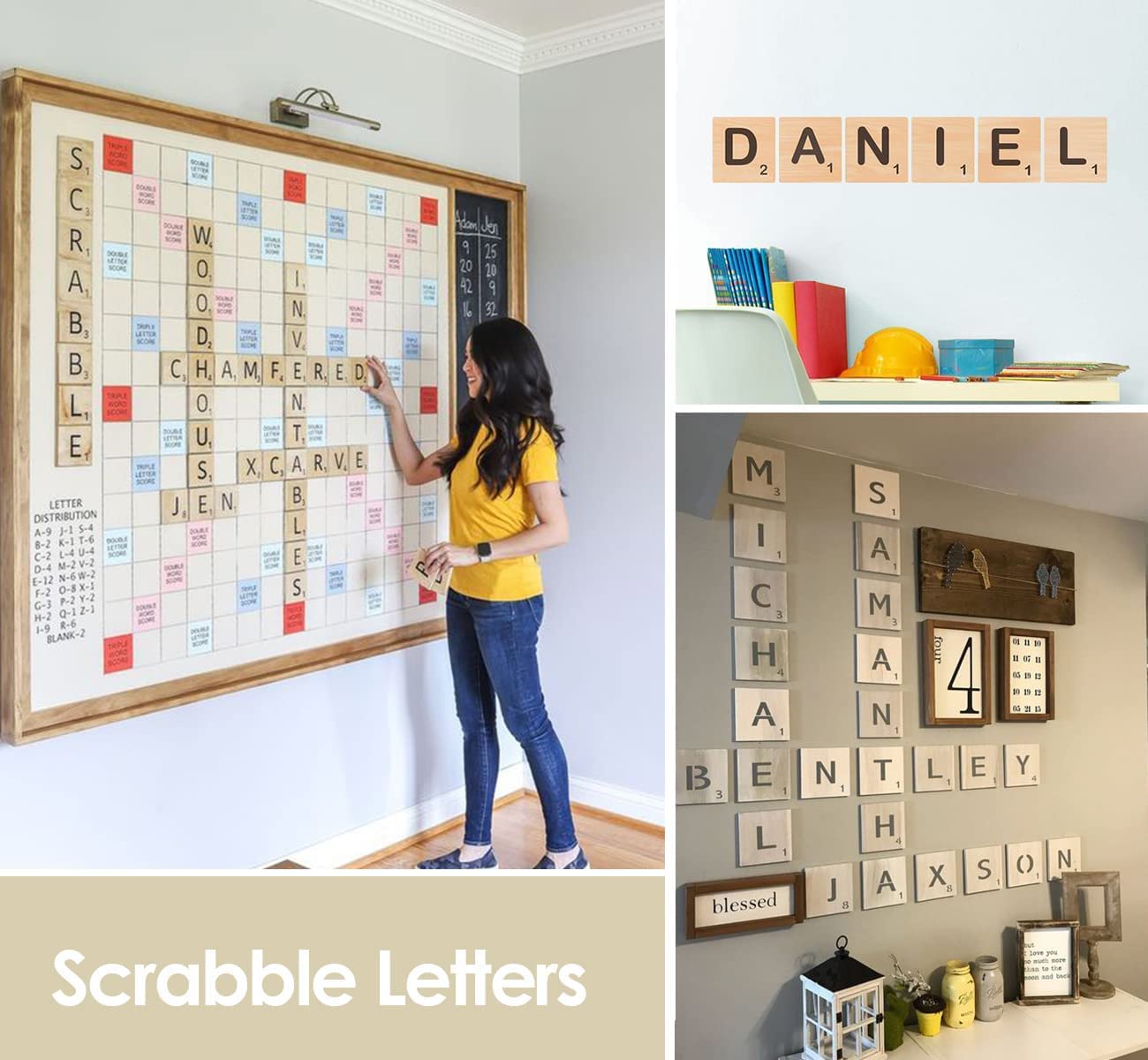 Woman interacting with a Scrabble letter board, surrounded by Scrabble-themed decor.