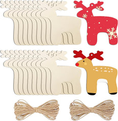 Set of wooden reindeer shapes with jute string for decoration on a white background