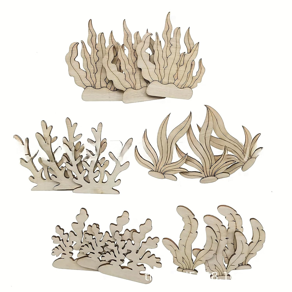 Set of wooden coral decorations on a white background