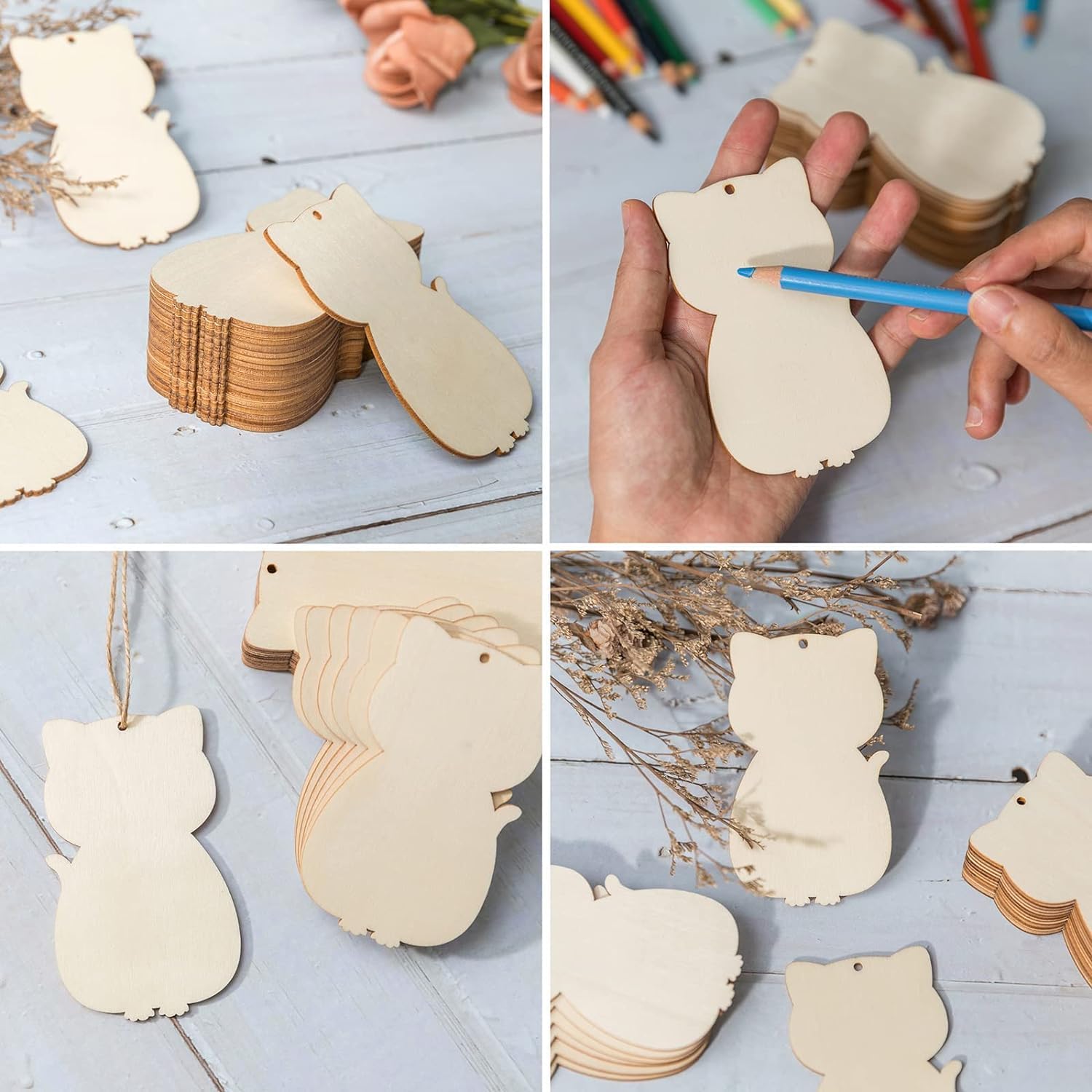Wooden bear-shaped tags with a hand holding one and a pencil, on a light blue wooden surface.