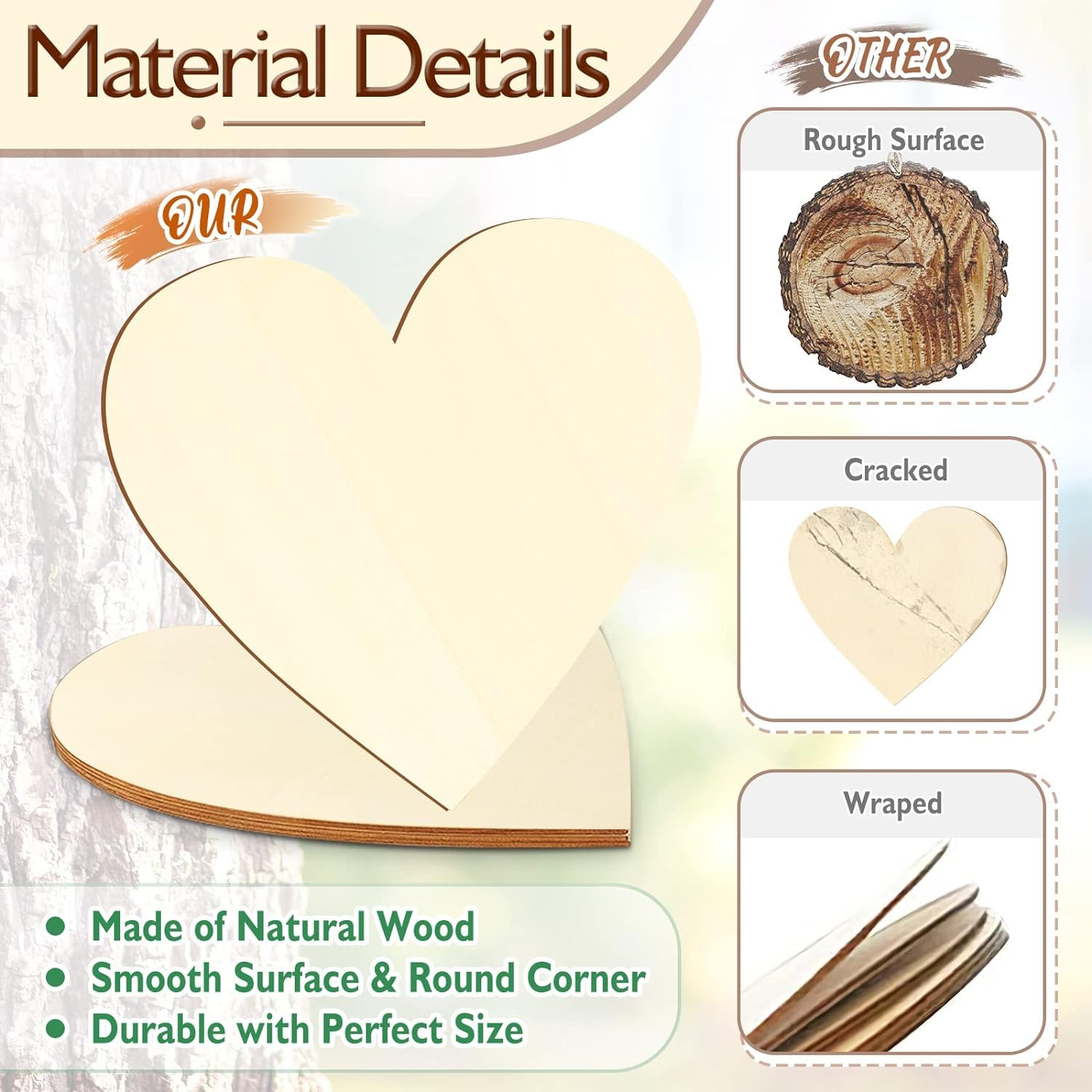 Heart-shaped wooden cutout with material details on a light background