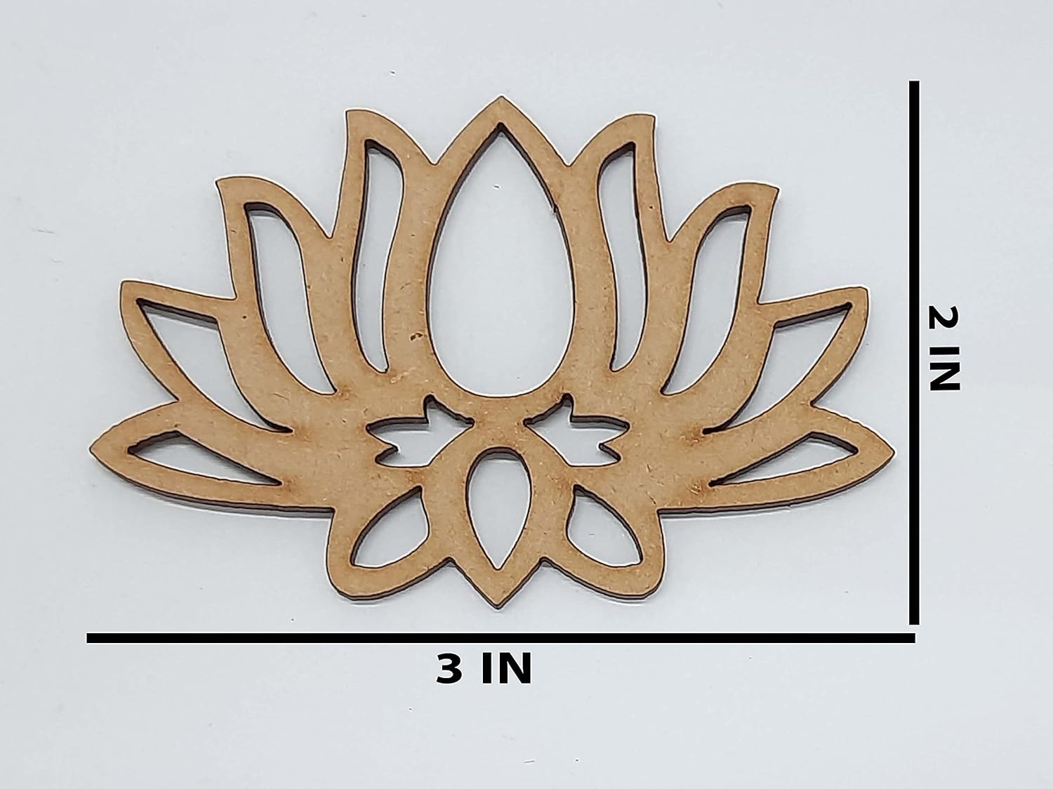 Wooden lotus flower cutout with measurements on a white background