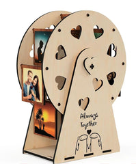 Wooden photo display with heart shapes and 'Always Together' text on a white background