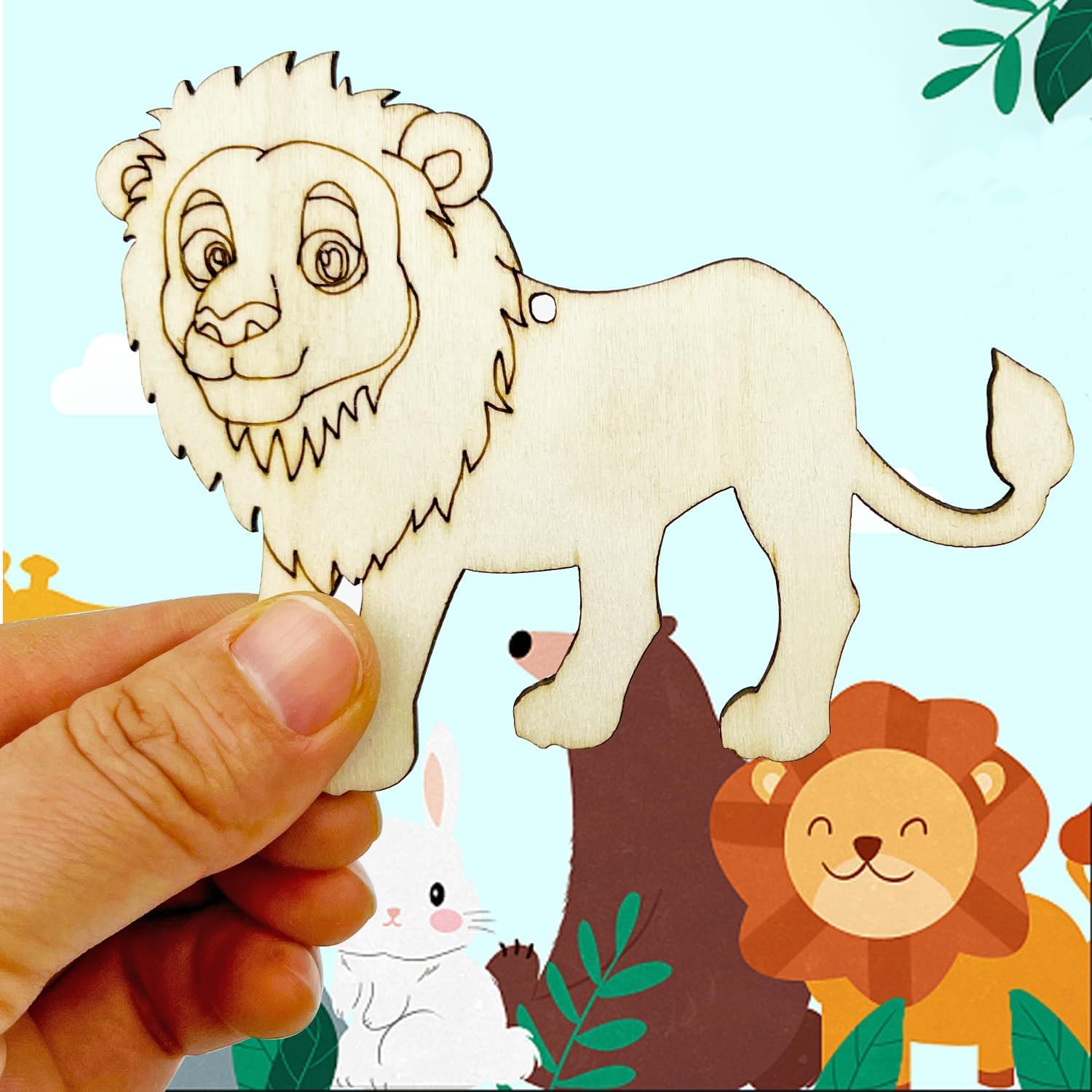 Wooden lion cutout held by a hand with a colorful lion illustration in the background