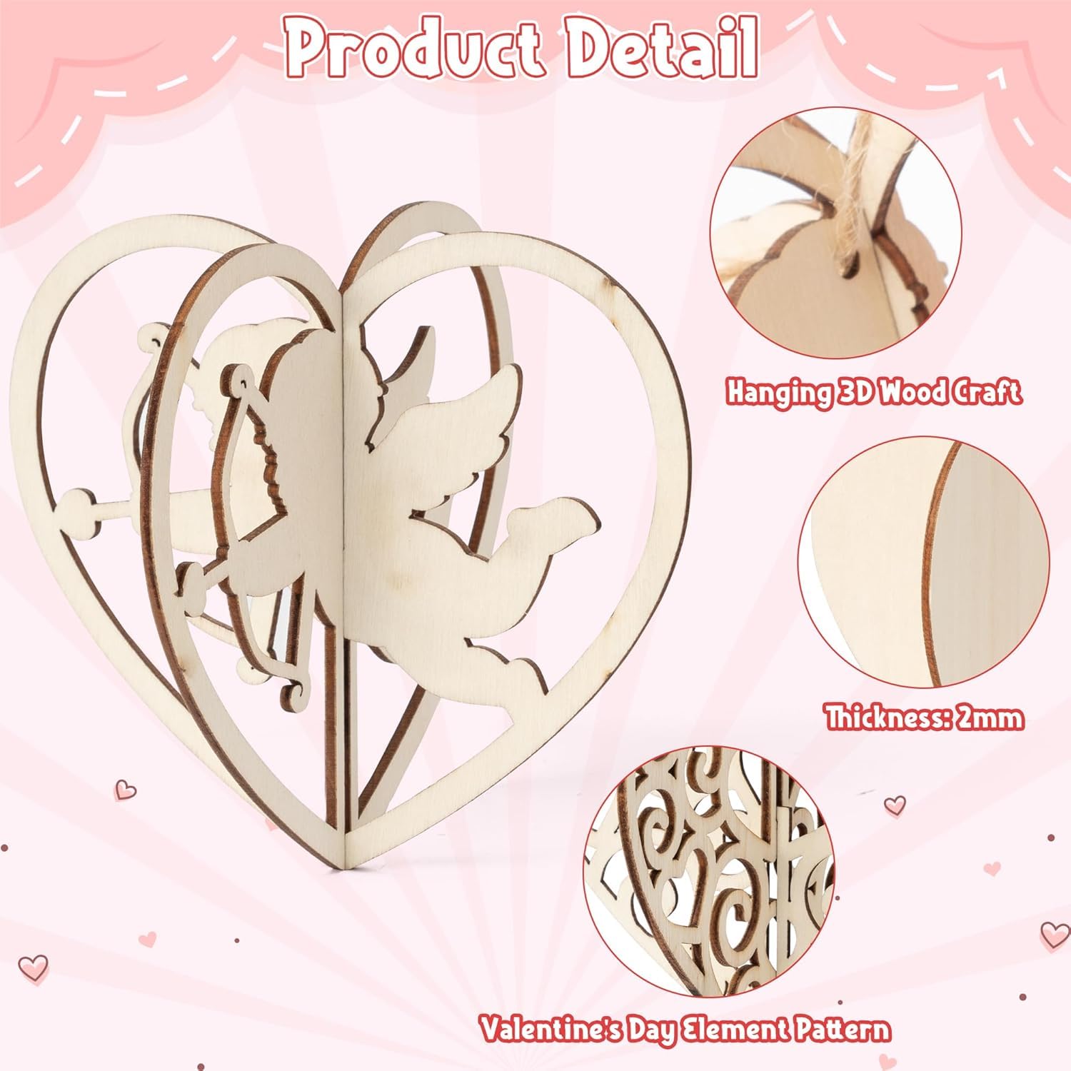 Heart-shaped wooden craft with fairy design on a pink background
