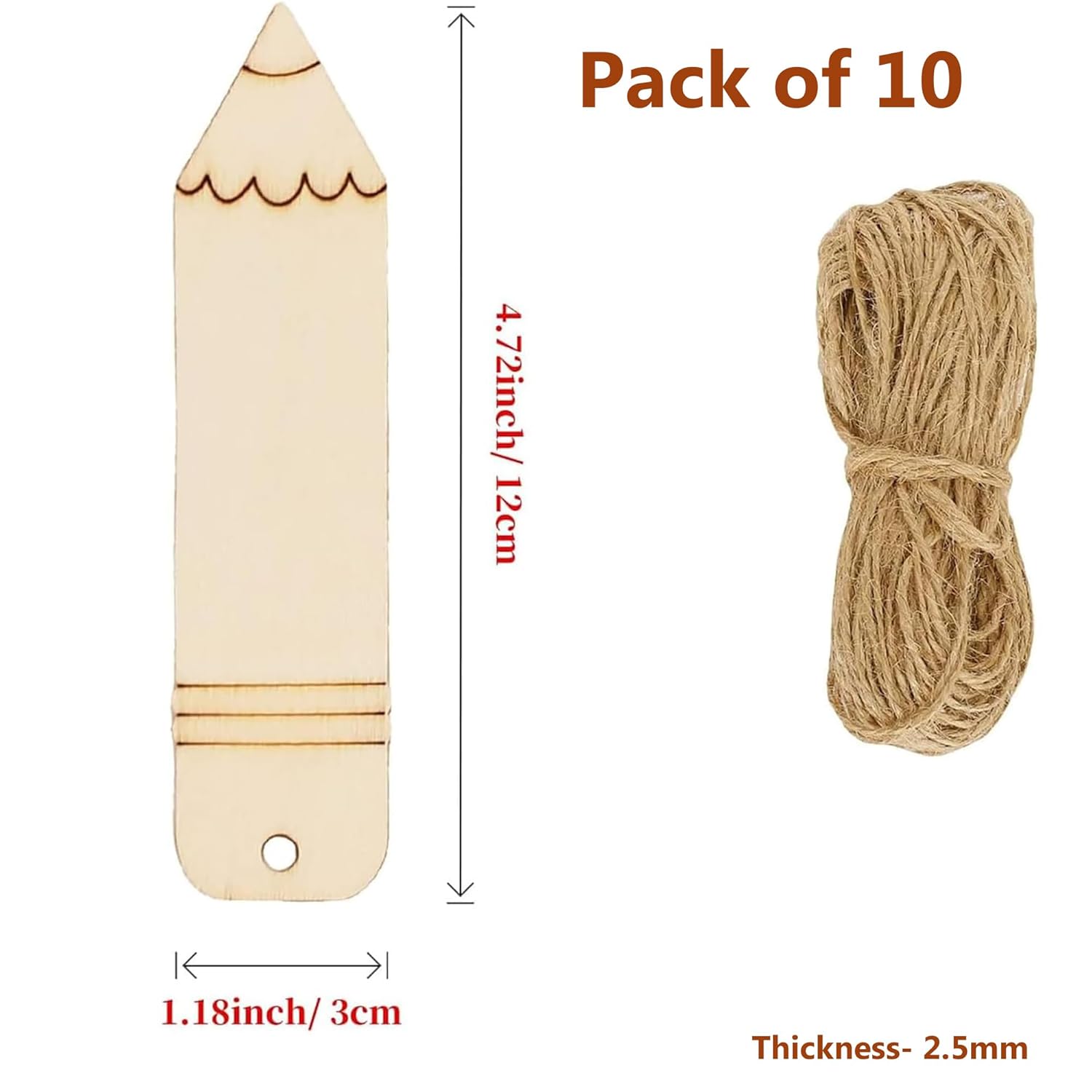 Measurement chart of a wooden tool and a ball of twine with text indicating 'Pack of 10'.