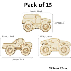 Wooden toy truck models with dimensions and packaging details on a white background