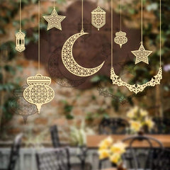 Cliths Set of 8 Ramadan Wooden Decorations Crescent Moon, Star & Lantern Eid Mubarak Hanging Ornaments